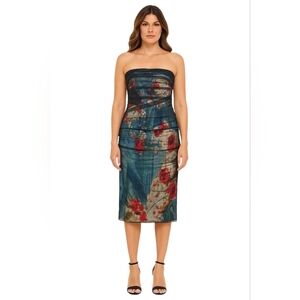 Rene Ruiz Collection Strapless Printed Tulle Overlay Midi Dress Black Multi Sz 6